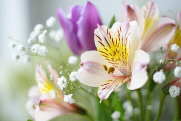 Fototapeta premium Beautiful bouquet of delicate flowers with soft colors in a bright setting