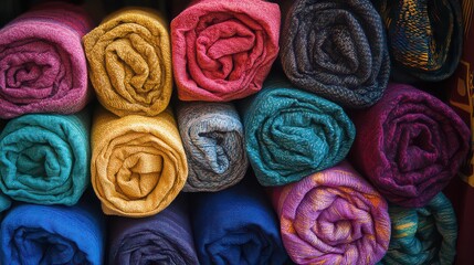 A stack of colorful cotton bath towels, neatly rolled up. 