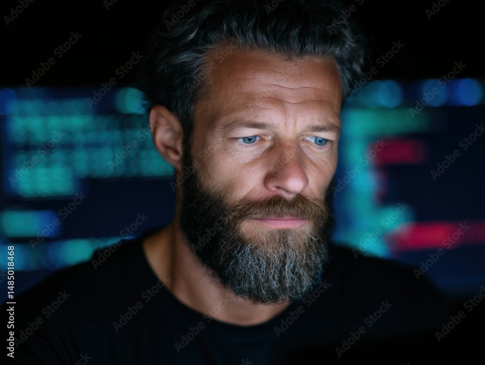 Poster focused man with beard immersed in digital work with vibrant code reflecting determination and techn