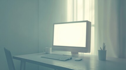Minimalist Office Interior With A Blank Computer Screen Desk and Chair Illuminated by Natural Light Through Sheer Curtains