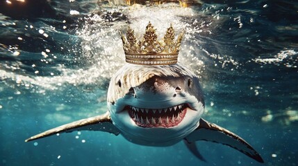 A majestic great white shark adorned with a golden crown. 