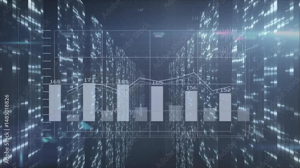 Poster bar and line chart animating inside digital corridor, showing translucent bars and glowing blocks