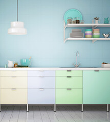 Colorful kitchen with pastel cabinets