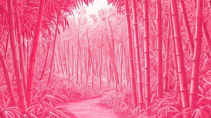 A whimsical portrayal of a pink-hued bamboo grove.