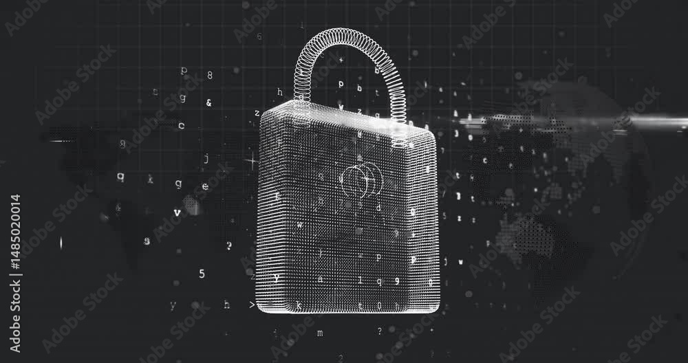 Poster 3d render wireframe padlock glowing and floating over dotted world map and grid with drifting code