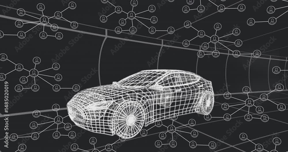 Poster wireframe car model being visualized in virtual 3d network space, with circular node clusters