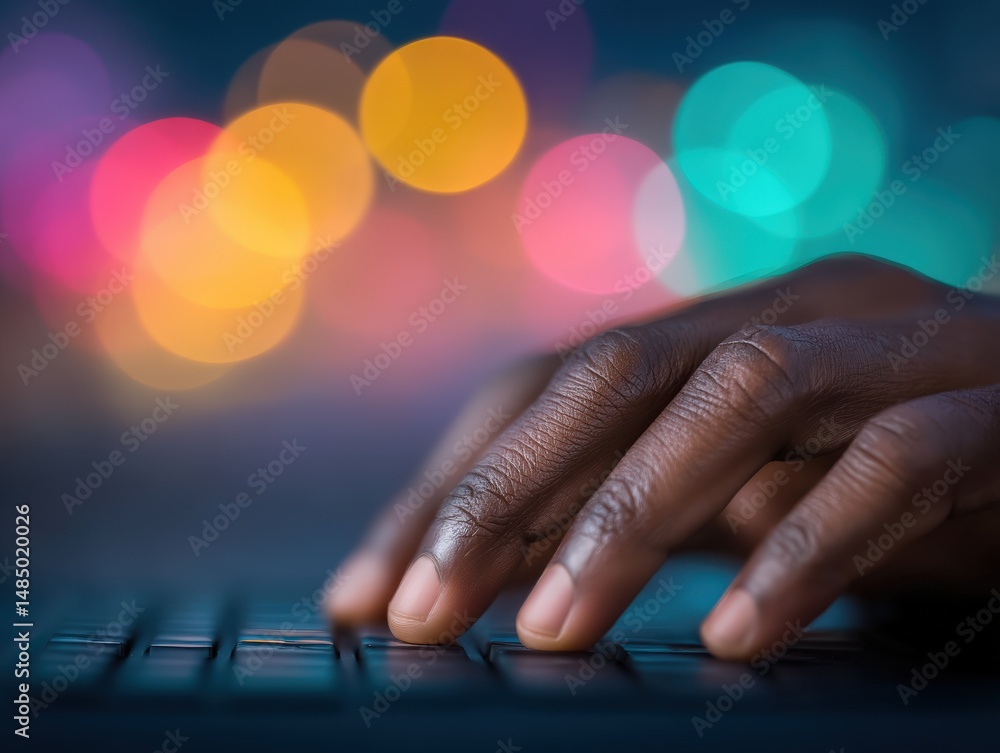 Poster close-up of a diverse hand typing on a laptop keyboard against a backdrop of colorful bokeh lights r