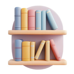 Digital graphic design showcases a two-tiered wooden shelf with a colorful collection of books.  The pastel shades create a calming ambiance.