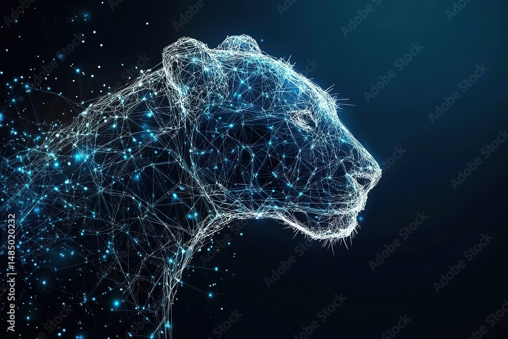 Poster digital lion head made of connected lines and dots on a dark background