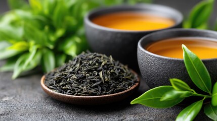 Tea leaves and aromatic brewed tea on the background.