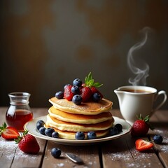 Top-down view of a rustic breakfast table with pancakes, berries, honey, and coffee, steam subtly animated rising from the mug