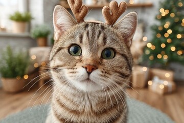 A cat in a Christmas hat against the background of an interior decorated for Christmas.