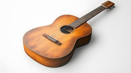 Obraz premium A simple acoustic guitar with a smooth wooden finish, placed gently on a light gray background