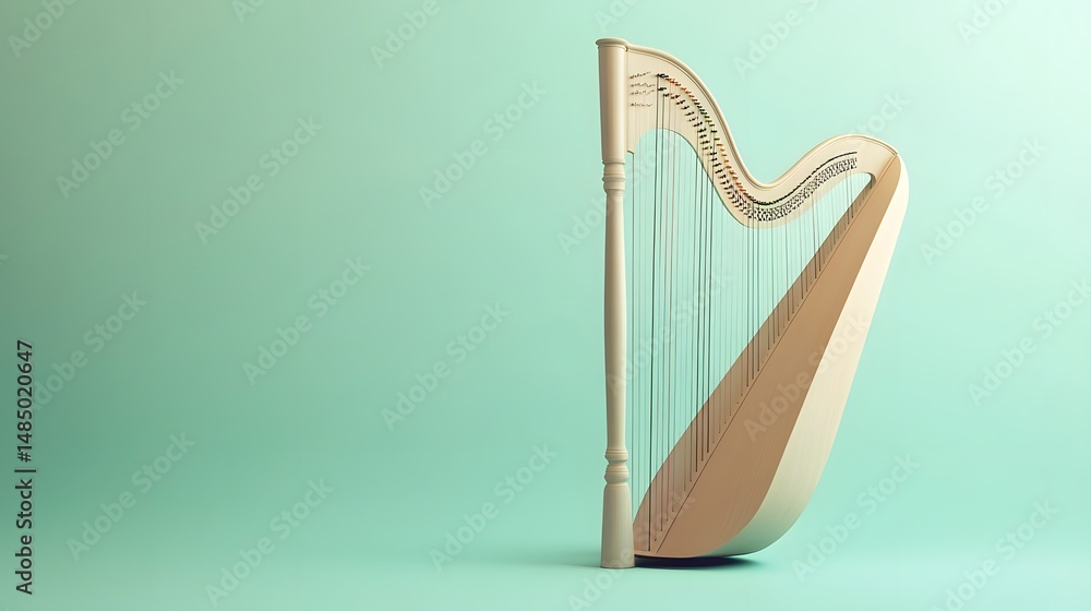 Poster a minimalistic harp, with elegant strings and smooth curves, against a pale green background
