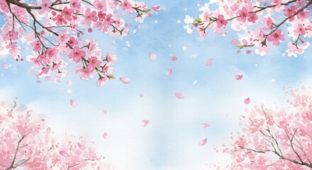 Fototapeta premium 春の柔らかな光に舞う桜の花びら 水彩画風. AI Generated