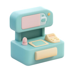 Stylized, cartoonish representation of a point-of-sale system in light pastel colors.  The design is simple and focused on highlighting the colors and form.