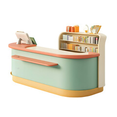 Digitally rendered, pastel-toned, curved retail counter with built-in bookshelves, presenting a modern shop design.