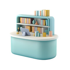 Digital rendering of a stylish, light teal-colored curved desk with pastel bookshelves. A tablet sits on the desk. The design is minimalist and aesthetically pleasing.