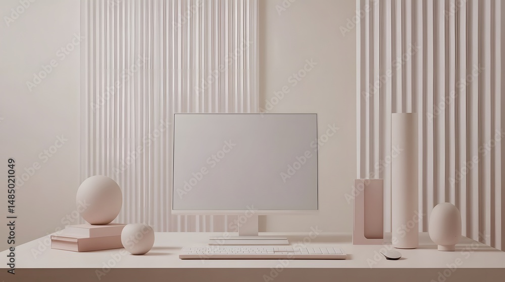 Poster minimalist workspace with desktop monitor and light-colored desk items