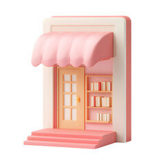 Digitally rendered, stylized image of a small shop exterior, featuring a pink awning, light beige wooden door, and shelves filled with books.  The design is simple and colorful.