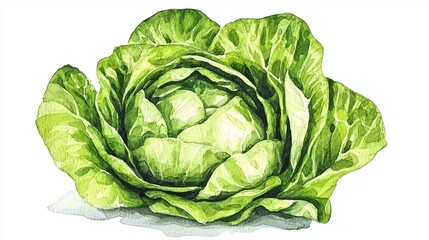 Fototapeta premium Detailed depiction of a solitary lettuce in watercolor style.