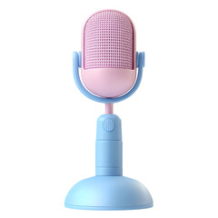 Light purple microphone, mounted on a light blue stand, is pictured against a backdrop of muted colors. The image is visually appealing and detailed.