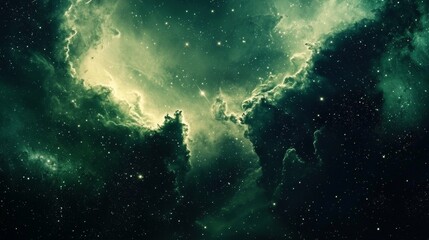Fototapeta premium Ethereal wallpaper background depicting vibrant green nebulae.