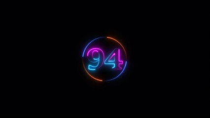Neon light text number icon, business 94 number background 4k illustration.
