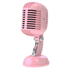 Three-dimensional rendering of a small, pastel pink microphone, angled slightly upward, showcasing its vintage design.  The background is a muted, soft palette.