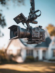 Professional cinematic camera rig suspended in the air capturing footage outdoors