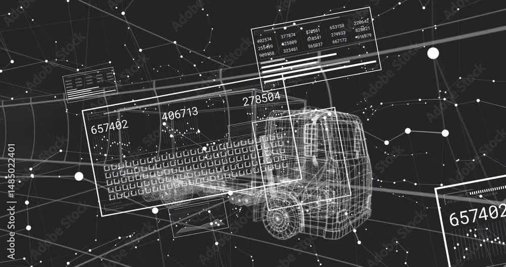 Poster 3d wireframe semi-truck floating in data network scene, with glowing ui panels and mesh