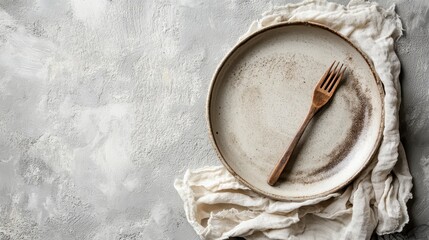 Empty rustic plate with wooden fork on gray textured surface.
