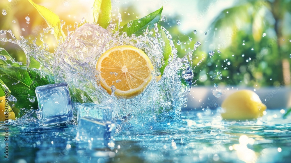 Poster lemon slice and ice cube splashing into cool liquid with big splash and green leaves in sunlight. re