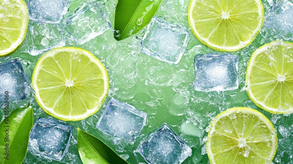 Aufkleber several bright green lime slices and refreshing ice cubes are scattered on wet translucent surface c