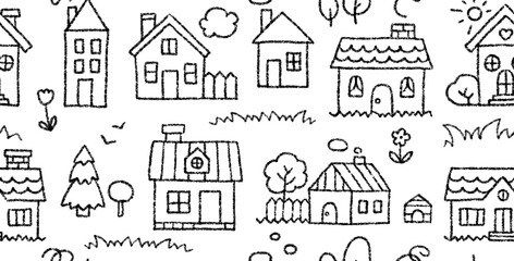 Seamless pattern with crayon pencil drawn houses. Charcoal sketch of cute village buildings, sun, trees and flowers. Black crayon small houses seamless pattern, vector illustration