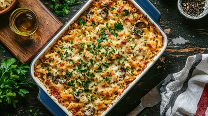 colorful overhead view of a casserole dish brimming with linguini pasta, plump clams, fresh parsley, and a drizzle of olive oil.