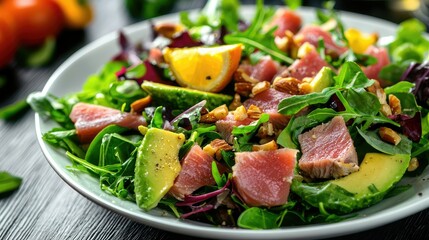 colorful salad with fresh tuna, avocado, mixed greens, and a handful of crunchy nuts, dressed in a light olive oil and vinegar dressing.