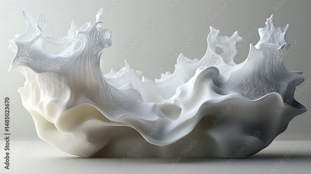 Poster abstract white form with textured surface and organic shape visualizing digital art sculpture design