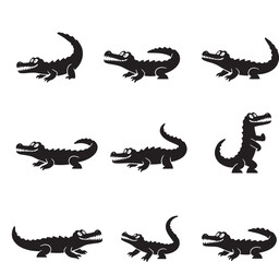 A black vector set of crocodiles in playful and fierce poses
