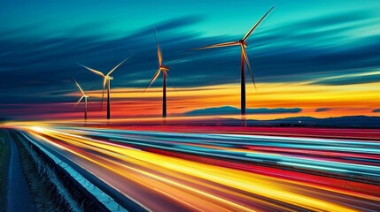 Stunning nighttime photography highlighting wind turbines and their energy production.