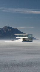 Fototapeta premium Minimalist Modern Villa with Rooftop Terrace and Glass Walls Overlooking Vast Salt Lake Desert. Cinematic Architectural Rendering in Cinema 4D and Blender Style. Abstract Commercial Background for Lux