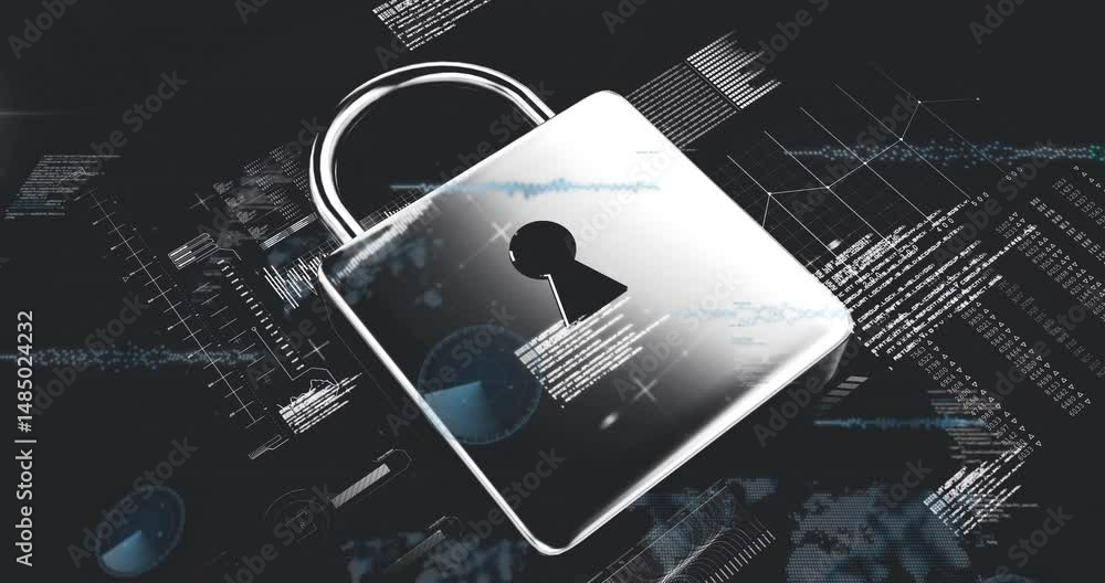 Poster silver padlock floating over dark data backdrop, overlaying blue waveform graphs and network nodes