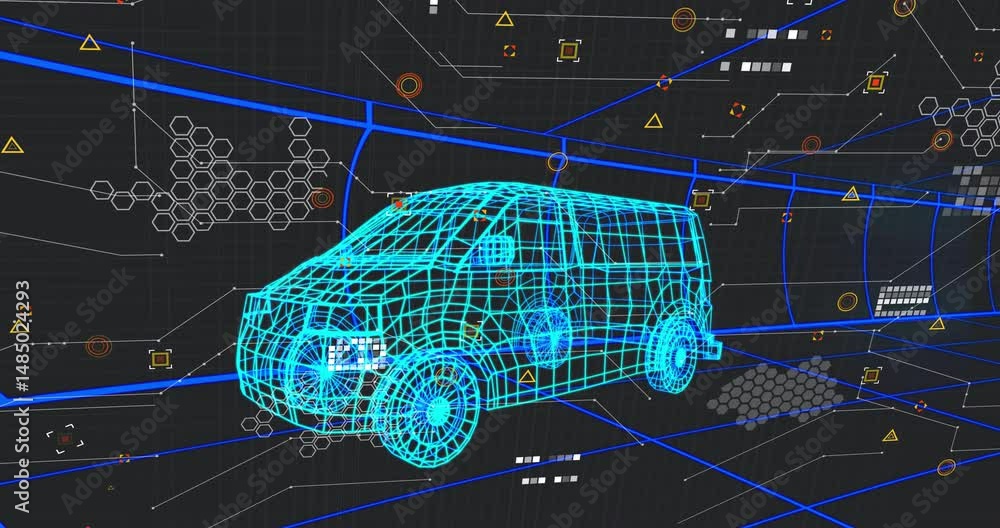 Poster neon-blue 3d wireframe van model floating over grid, linking hexagon ui clusters and data streams