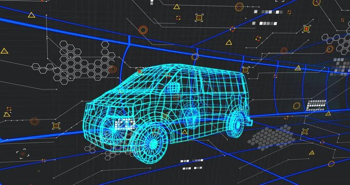 neon-blue 3D wireframe van model floating over grid, linking hexagon UI clusters and data streams