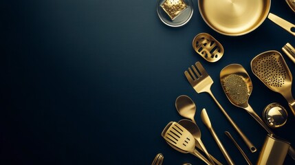 Gold kitchen utensils arranged on dark blue background.