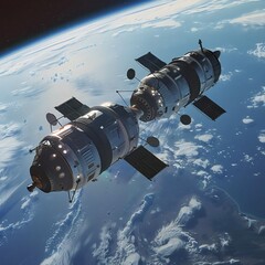 Fototapeta premium Two cylindrical space stations orbiting Earth, equipped with solar panels and antennas, against a backdrop of clouds and clear skies.