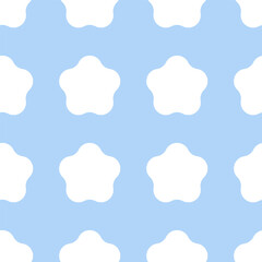 Seamless geometric pattern with white five-lobed shapes on light blue background. Flat abstract floral-like repeating design.