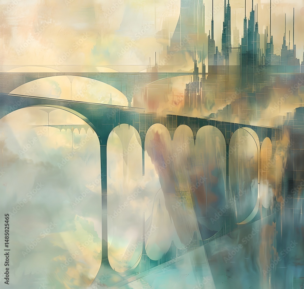 Poster an abstract bridge extending towards distant, misty light