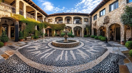 Obraz premium Sunlit courtyard with central fountain and stone architecture
