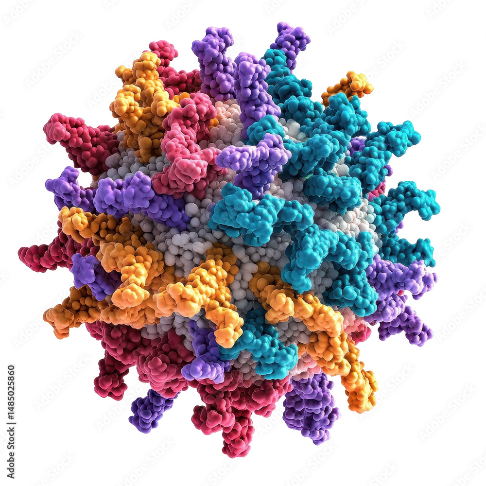 Poster detailed 3d model of a virus showcasing complex structures in vibrant colors representing molecular 